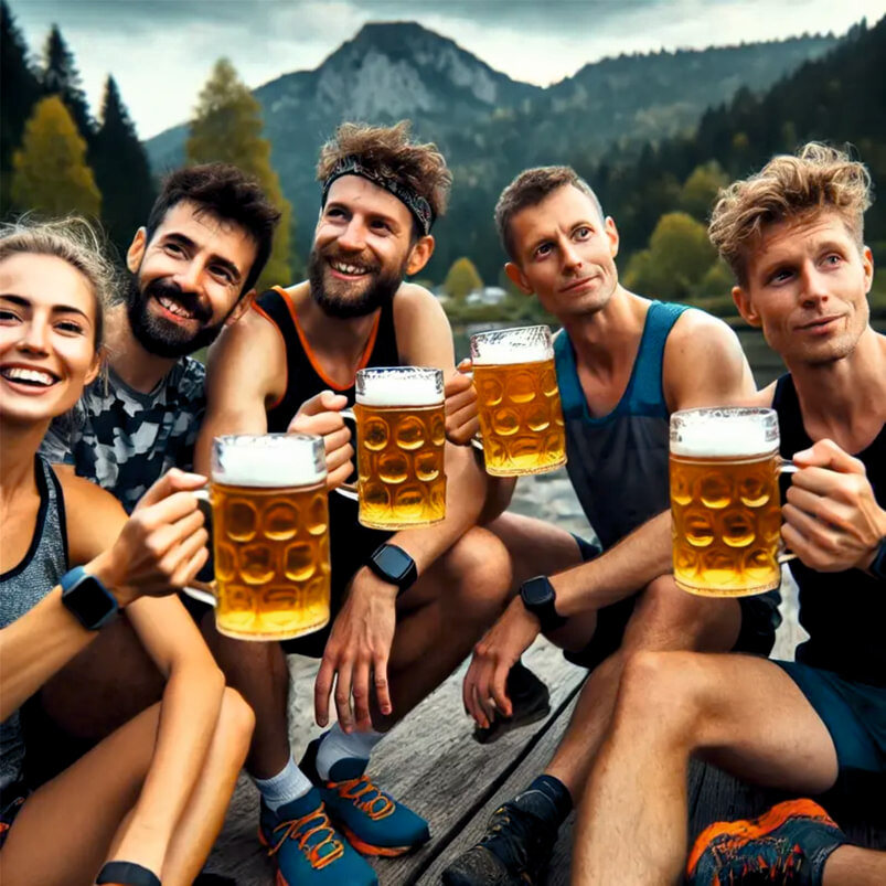 atleti di trail running che si ristorano con boccali di birra dopo la gara, celebrando insieme in un'atmosfera rilassata e gioiosa.